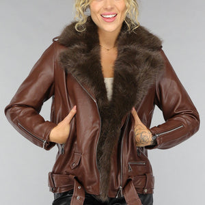 SALE50 Bruine Lederlook Jas met Faux Fur Kraag