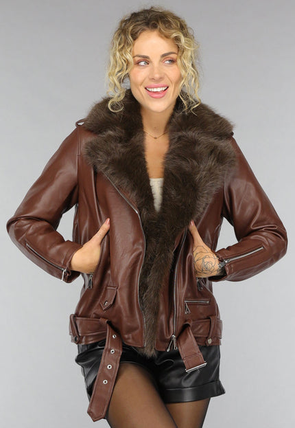 SALE50 Bruine Lederlook Jas met Faux Fur Kraag