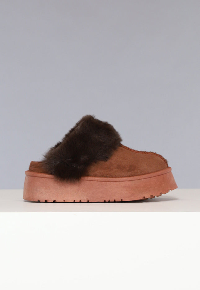SALE50 Bruine Plateau Pantoffels met Imitatiebont