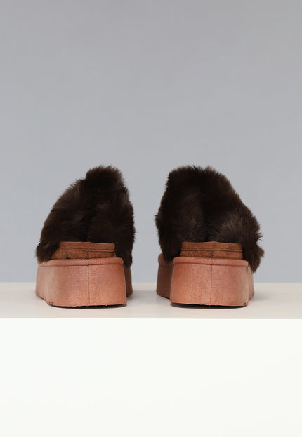 SALE50 Bruine Plateau Pantoffels met Imitatiebont
