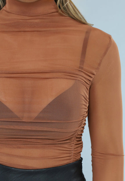SALE50 Camel Mesh Bodysuit met Plooitjes