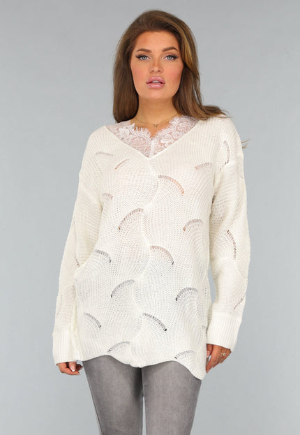 SALE50 Crème Gebreide Trui met Kanten Detail