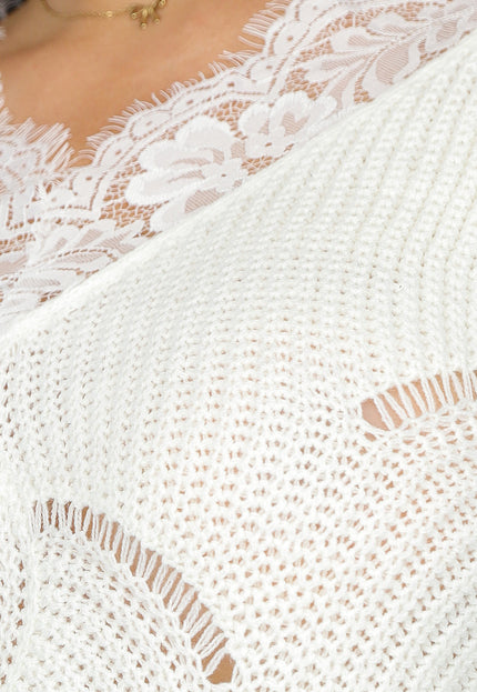 SALE50 Crème Gebreide Trui met Kanten Detail