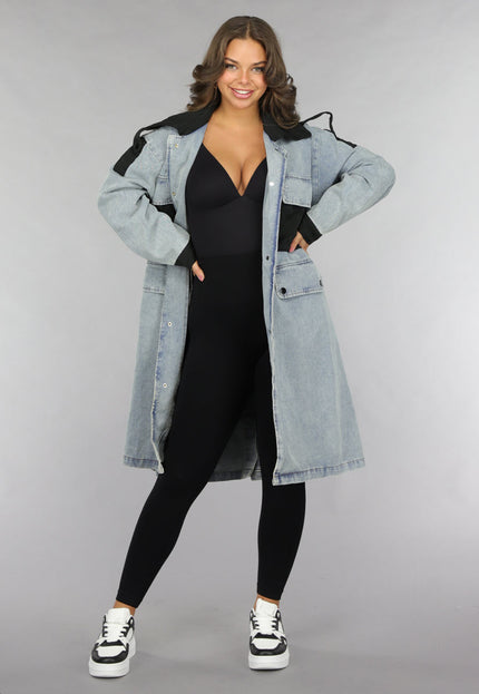SALE50 Denim Mantel Jas met Zwarte Details