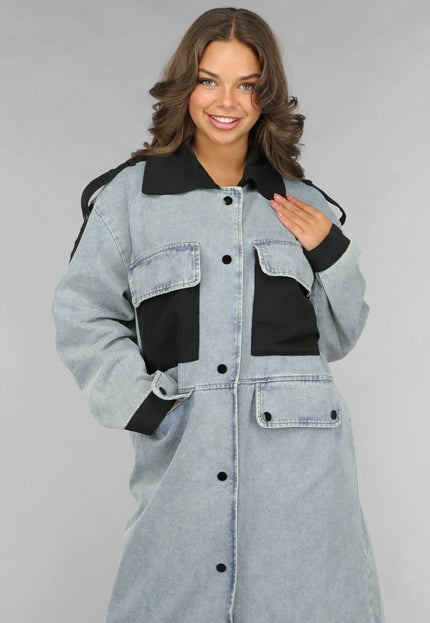 SALE50 Denim Mantel Jas met Zwarte Details