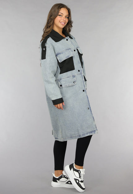 SALE50 Denim Mantel Jas met Zwarte Details