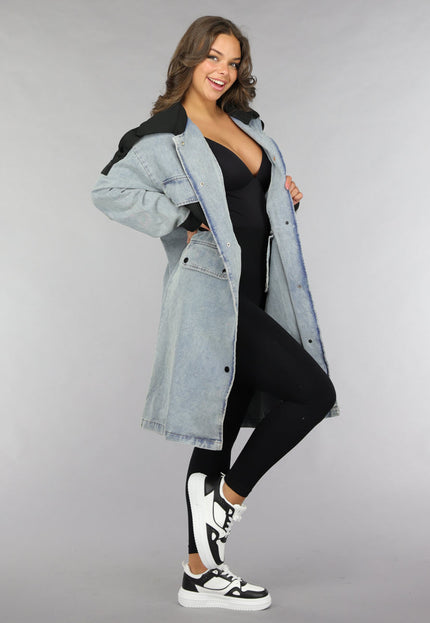 SALE50 Denim Mantel Jas met Zwarte Details