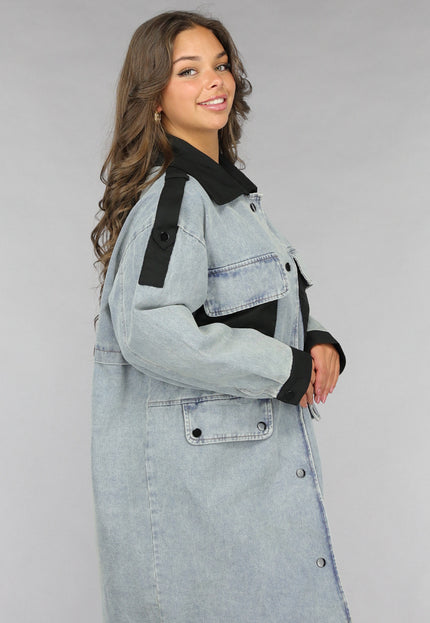 SALE50 Denim Mantel Jas met Zwarte Details