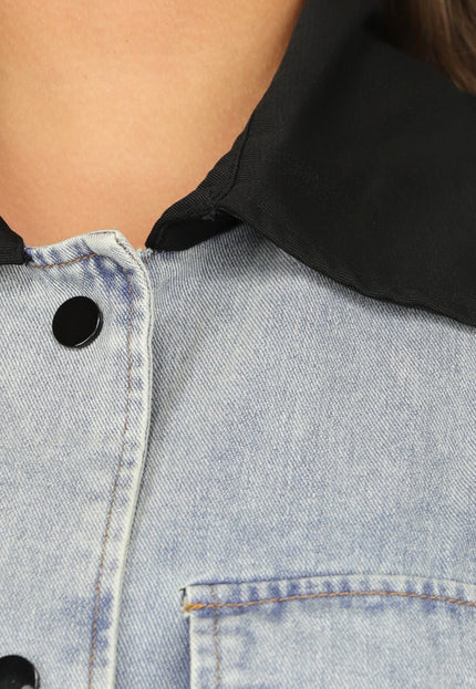SALE50 Denim Mantel Jas met Zwarte Details