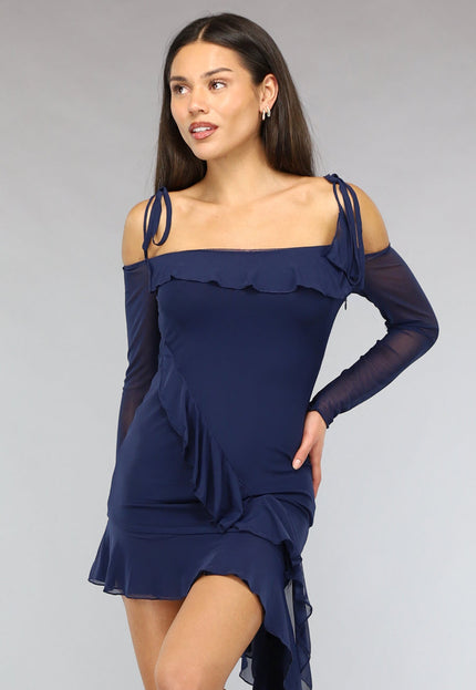 SALE50 Donkerblauwe Asymmetrische Mesh Ruffle Jurk