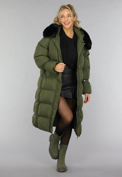 SALE50 Donkergroene Oversized Puffer Jas met Bontkraag
