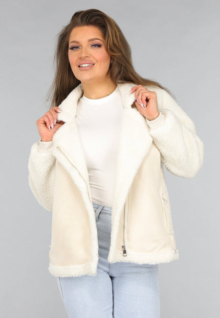 SALE50 Ecru Suèdelook Biker Jas met Teddy Mouwen