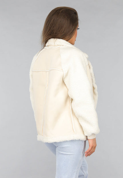 SALE50 Ecru Suèdelook Biker Jas met Teddy Mouwen