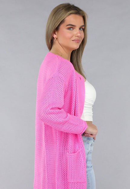 SALE50 Felroze Oversized Gebreide Cardigan met Gouden Knopen