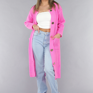 SALE50 Felroze Oversized Gebreide Cardigan met Gouden Knopen