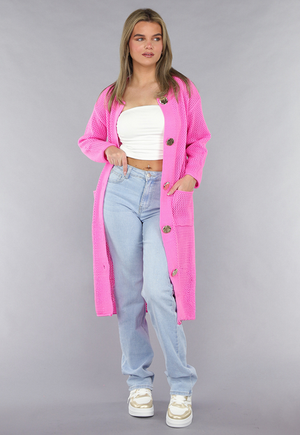 SALE50 Felroze Oversized Gebreide Cardigan met Gouden Knopen