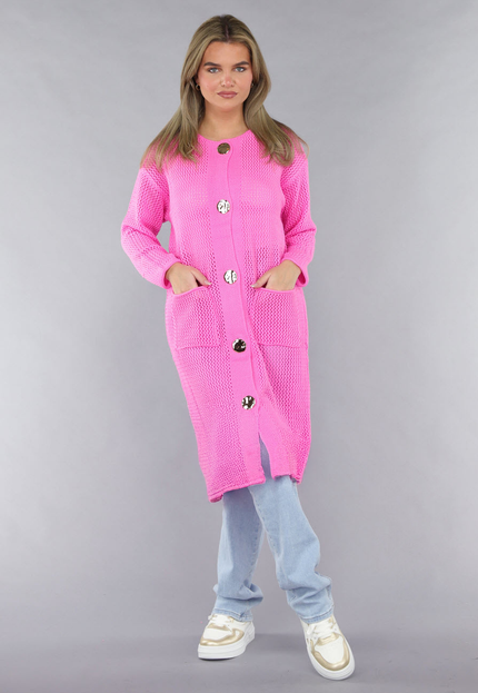 SALE50 Felroze Oversized Gebreide Cardigan met Gouden Knopen