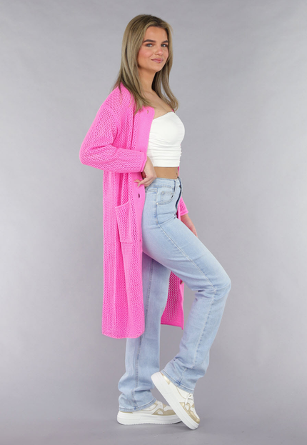 SALE50 Felroze Oversized Gebreide Cardigan met Gouden Knopen