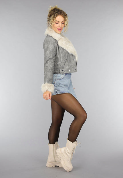 SALE50 Grijze Korte Jas met Beige Bontkraag