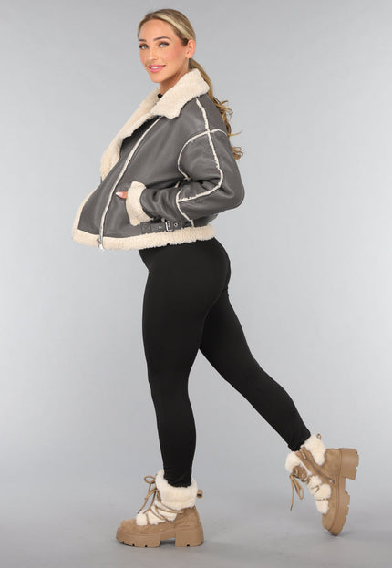 SALE50 Grijze Lederlook Jas met Teddy Voering
