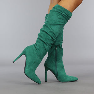 SALE50 Groene Geplooide Laars met Stiletto Hak