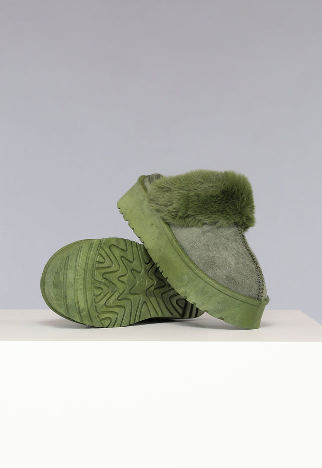 SALE50 Groene Plateau Pantoffels met Imitatiebont