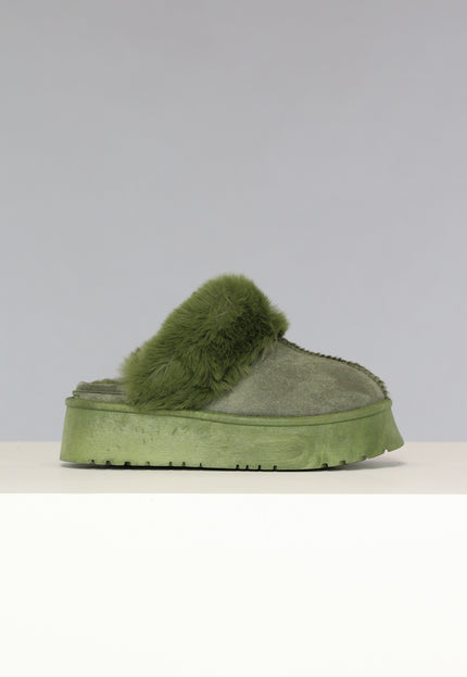 SALE50 Groene Plateau Pantoffels met Imitatiebont
