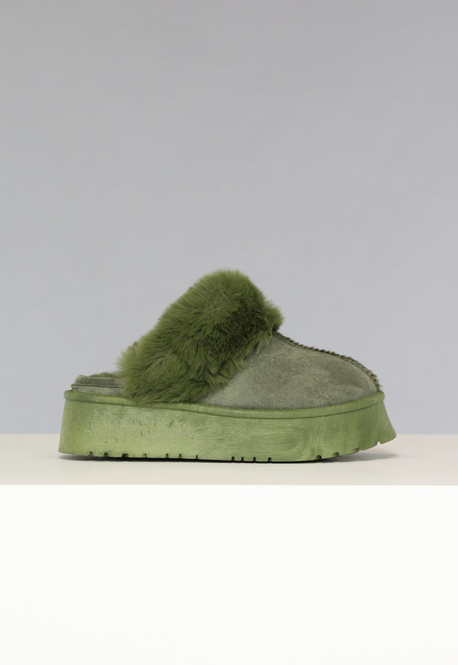 SALE50 Groene Plateau Pantoffels met Imitatiebont