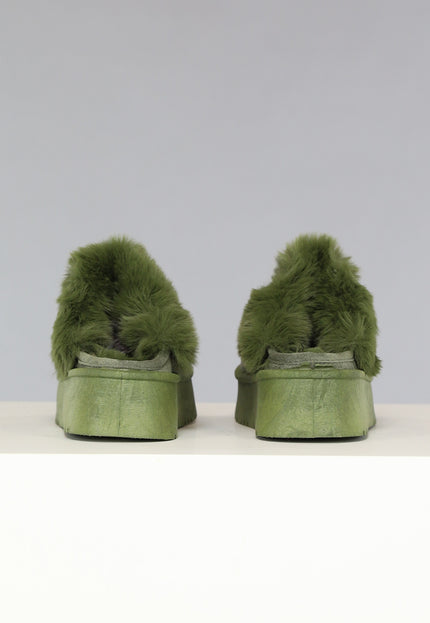 SALE50 Groene Plateau Pantoffels met Imitatiebont