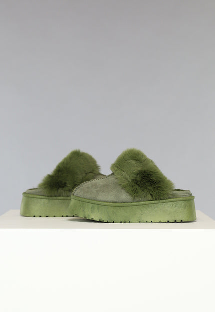 SALE50 Groene Plateau Pantoffels met Imitatiebont
