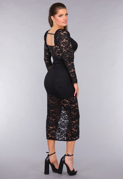 SALE50 Kanten Longsleeve Jurk met Pads en Split in Zwart