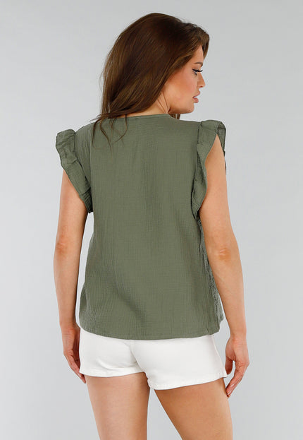 SALE50 Khaki Mouwloze Mousseline Top met Ruffles