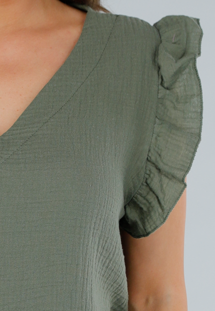 SALE50 Khaki Mouwloze Mousseline Top met Ruffles