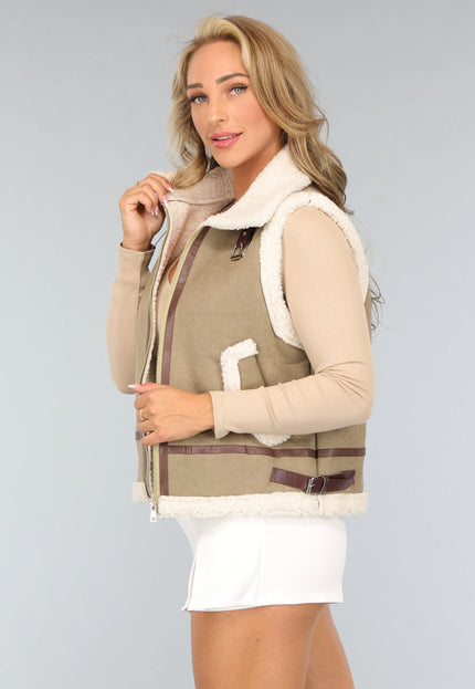 SALE50 Khaki Teddy Bodywarmer met Riempjes
