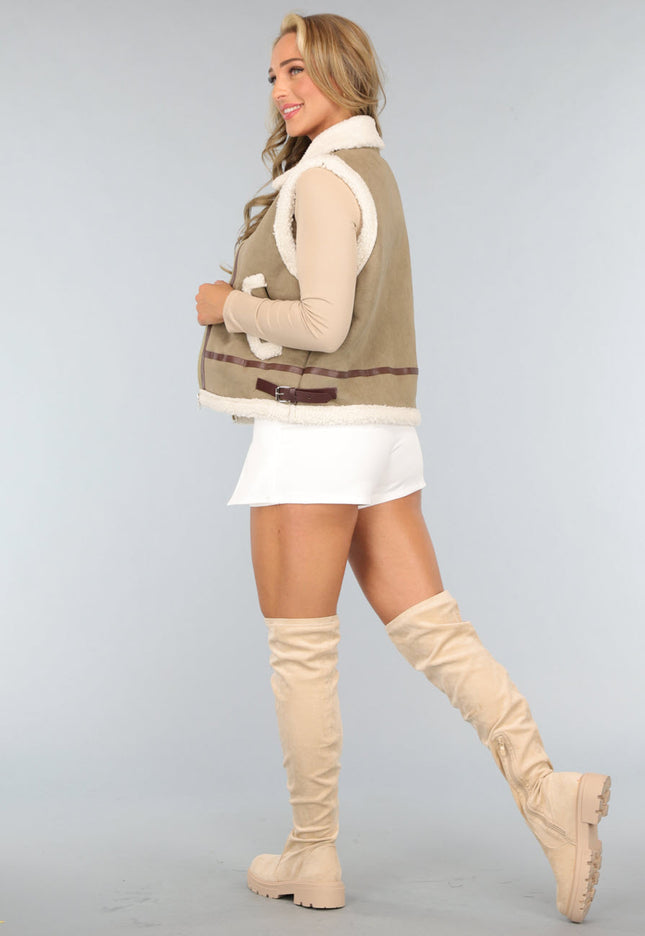SALE50 Khaki Teddy Bodywarmer met Riempjes