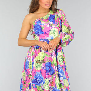 SALE50 Kleurrijke One Shoulder Jurk met Bloemenprint