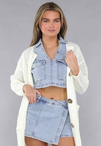 SALE50 Lang Ecru Oversized Vest met Gebreide Look