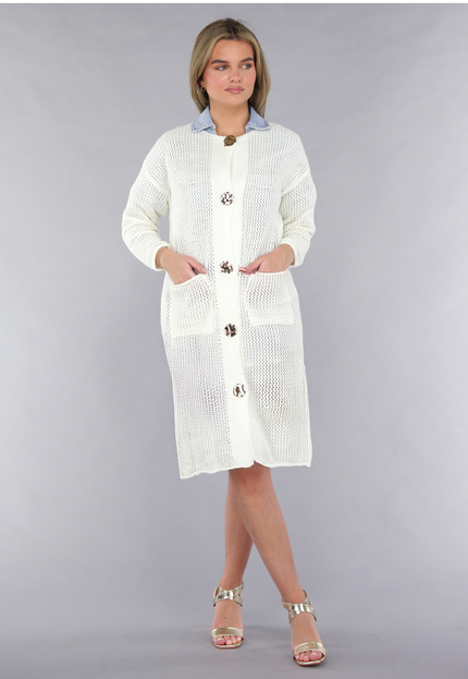 SALE50 Lang Ecru Oversized Vest met Gebreide Look