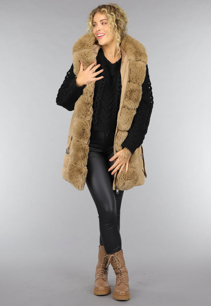 SALE50 Lange Gewatteerde Camel Bodywarmer met Bont