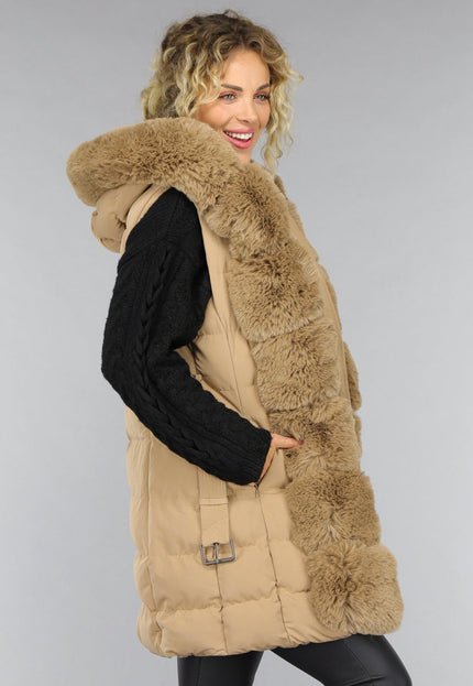 SALE50 Lange Gewatteerde Camel Bodywarmer met Bont