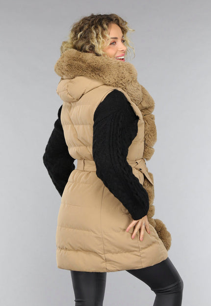 SALE50 Lange Gewatteerde Camel Bodywarmer met Bont