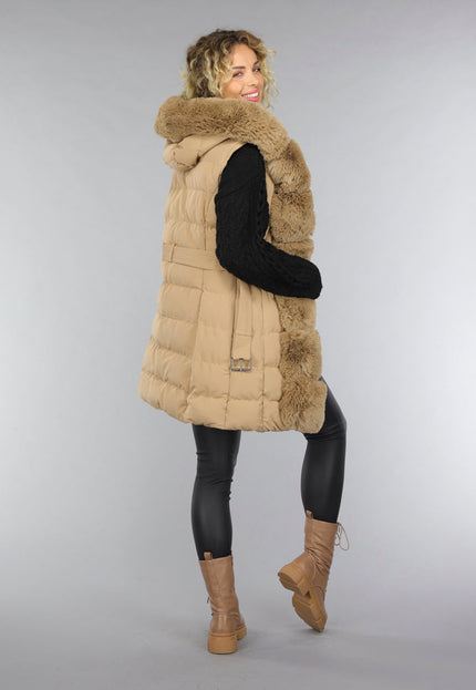SALE50 Lange Gewatteerde Camel Bodywarmer met Bont