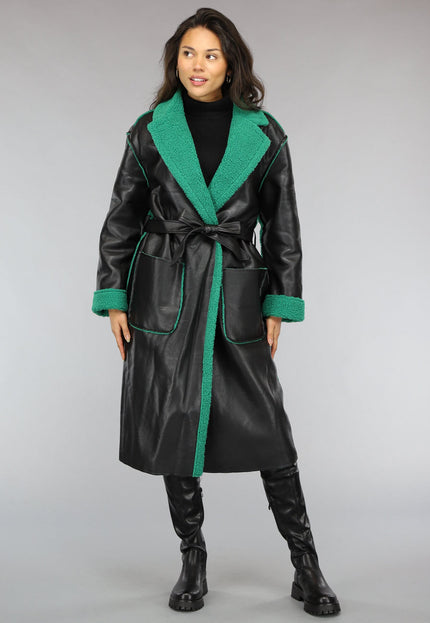 SALE50 Lange Lederlook Jas met Groene Teddy Voering