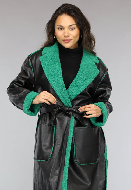 SALE50 Lange Lederlook Jas met Groene Teddy Voering