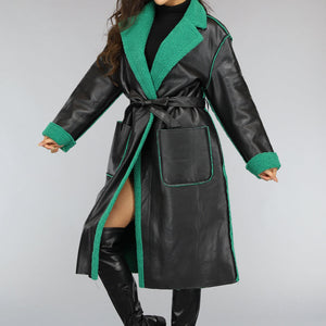 SALE50 Lange Lederlook Jas met Groene Teddy Voering