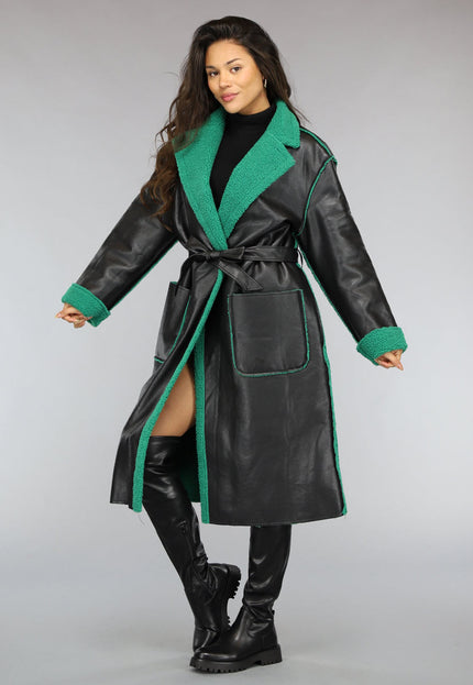 SALE50 Lange Lederlook Jas met Groene Teddy Voering