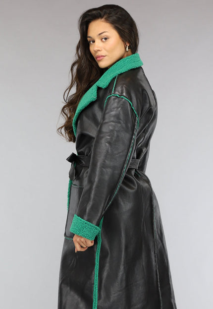 SALE50 Lange Lederlook Jas met Groene Teddy Voering