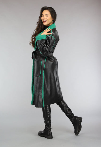 SALE50 Lange Lederlook Jas met Groene Teddy Voering