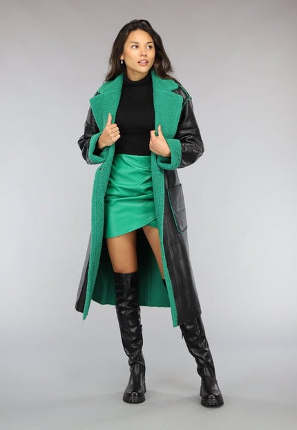 SALE50 Lange Lederlook Jas met Groene Teddy Voering