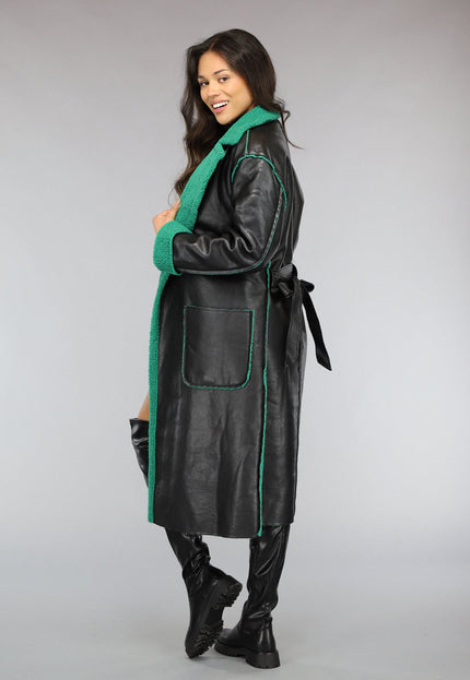 SALE50 Lange Lederlook Jas met Groene Teddy Voering